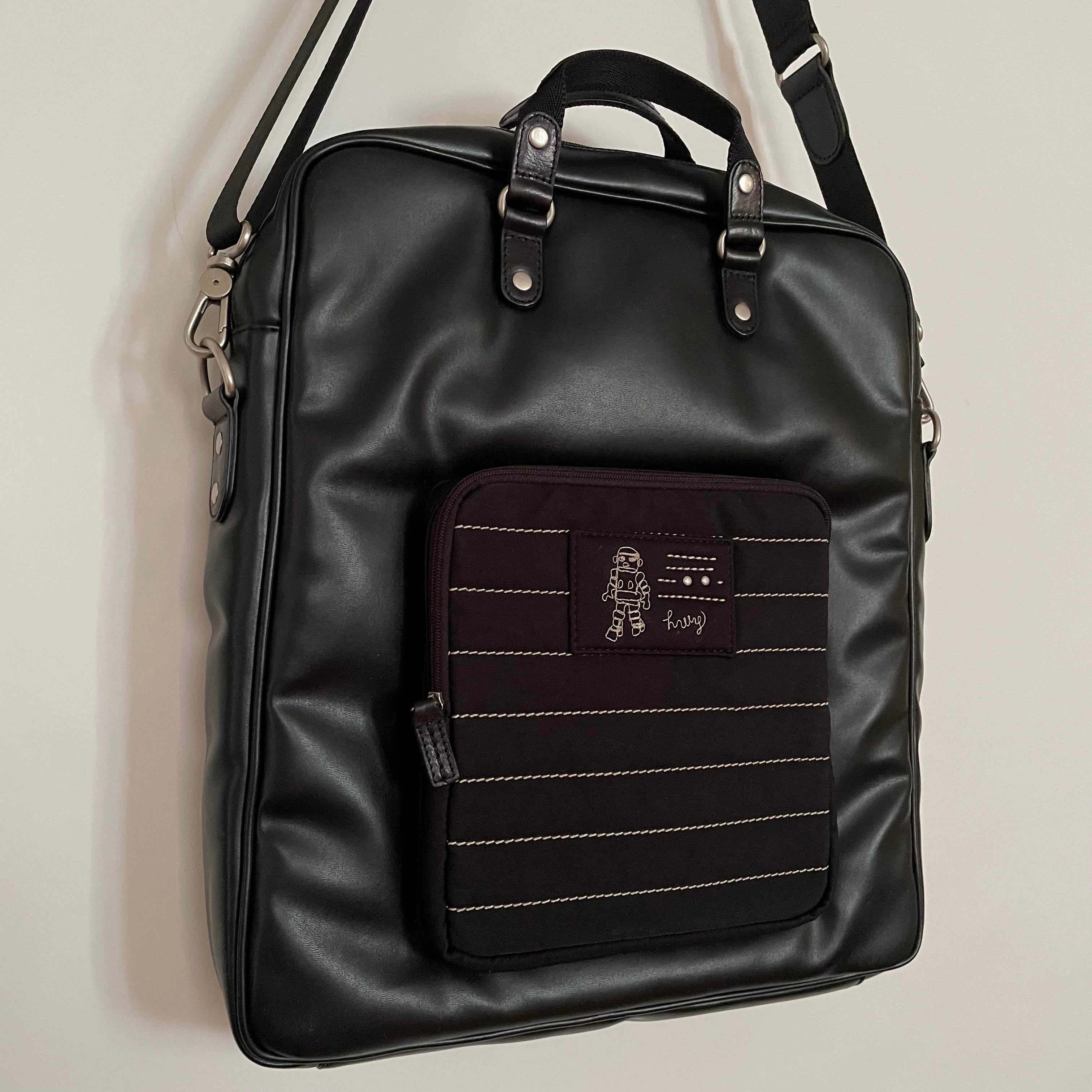 Premium Collection | Tall Vegan Leather x Nylon x Leather Handles Briefcase with Stripe Stitch Accents | Black x White